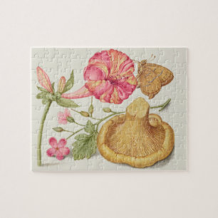 Gartenszene mit Blumen, Schmetterling und Pilz Puzzle