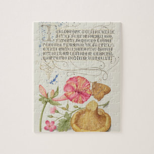 Gartenszene mit Blumen, Schmetterling und Pilz Puzzle