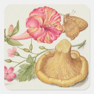 Gartenszene mit Blumen, Schmetterling und Pilz Quadratischer Aufkleber
