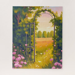 Gartentor | Rosa Blumen Botanische Aquarellmalerei Puzzle