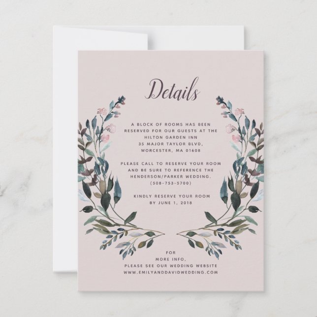 GartenWappen | Mauve Lila Wedding Hotel Details RSVP Karte (Vorderseite)