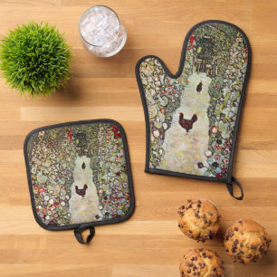 Gartenweg mit Hühnern, Gustav Klimt, Jugendstil Ofenhandschuh & Topflappen-Set