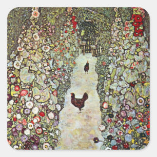 Gartenweg mit Hühnern, Gustav Klimt, Jugendstil Quadratischer Aufkleber