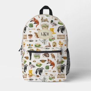 Gartenwerkzeug und Tiermuster 3-Buchstaben-Monogra Bedruckter Rucksack