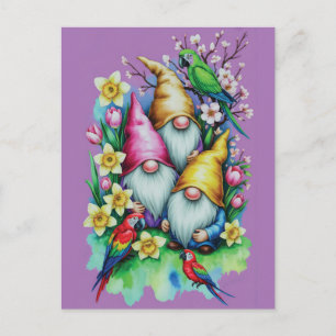 Gartenzwerge mit Papageien und Frühlingsblumen Postkarte