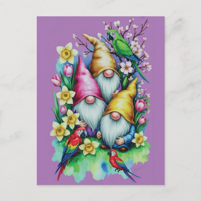 Gartenzwerge mit Papageien und Frühlingsblumen Postkarte (Vorderseite)