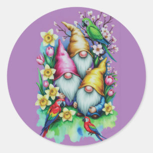 Gartenzwerge mit Papageien und Frühlingsblumen Runder Aufkleber