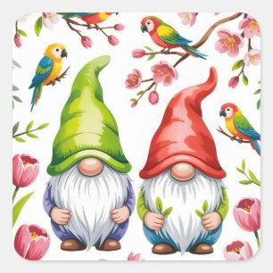 Gartenzwerge mit tropischen Papageien  Quadratischer Aufkleber
