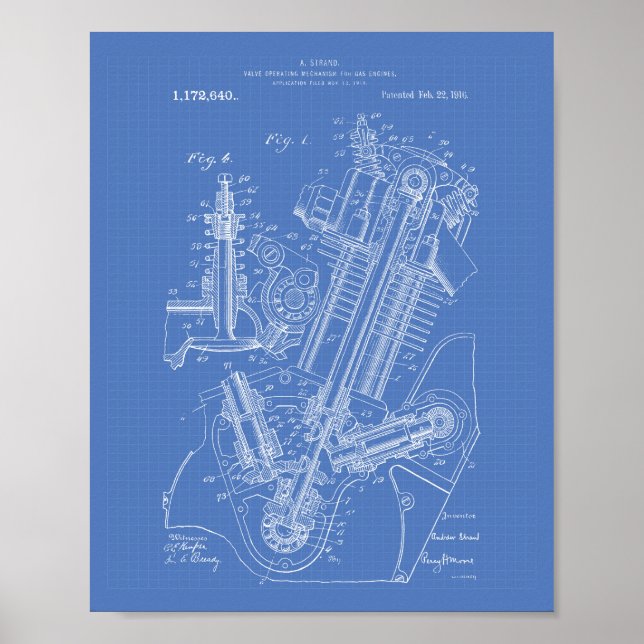 Gas Motor Valve 1916 Patentart Blueprint Poster (Vorne)