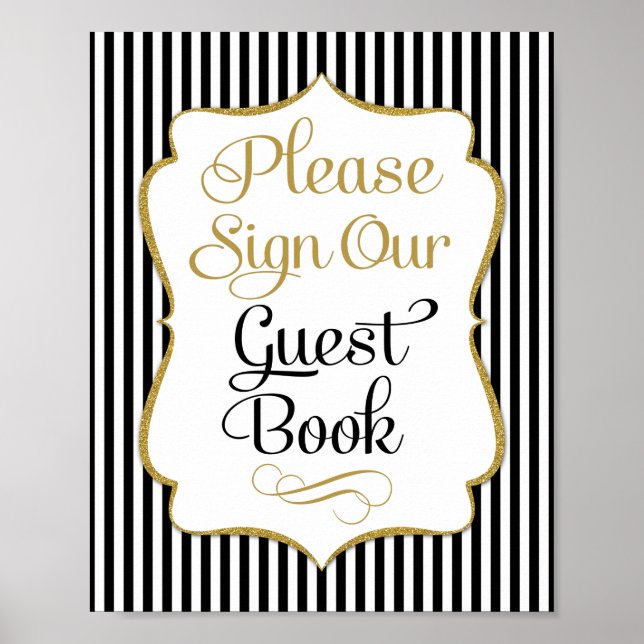 Gast Book Sign Black Gold Streifen Poster (Vorne)