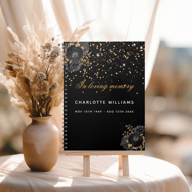 Gast-Buch Gedenkfeier Schwarzes Gold florale Notizblock (Von Creator hochgeladen)
