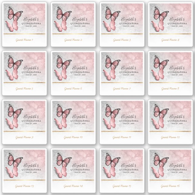 Gast Name Gefallen Pink Rose Gold Butterfly Labels (Vorderseite)