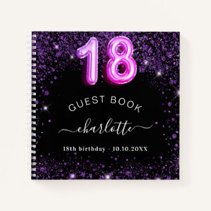Gästebuch 18. Geburtstag schwarz lila Glitzer Name Notizbuch