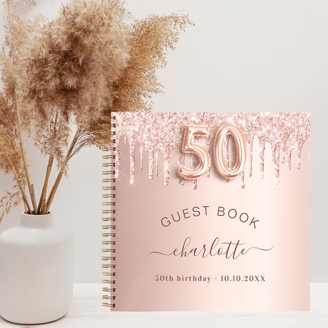 Gästebuch 50. Geburtstag Rose Gold Glitzer Tropfen Notizbuch (Von Creator hochgeladen)