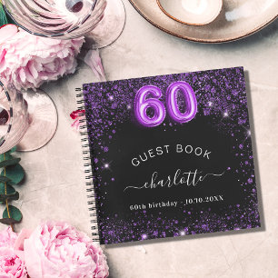 Gästebuch 60. Geburtstag schwarz lila Glitzer Name Notizbuch