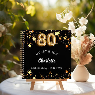 Gästebuch 80. Geburtstag schwarze goldene Sterne Notizbuch