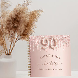 Gästebuch 90. Geburtstag Rose Gold Glitzer Tropfen Notizbuch