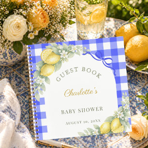 Gästebuch-Baby-Party-Zitronen blau Gingham Junge Notizbuch