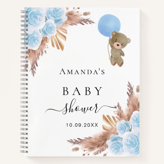 Gästebuch Baby Showblau Teddy Pampas Gras Notizbuch (Vorderseite)