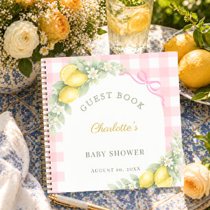 Gästebuch-Baby-Shower-Zitronen rosa Gingham Mädche Notizbuch