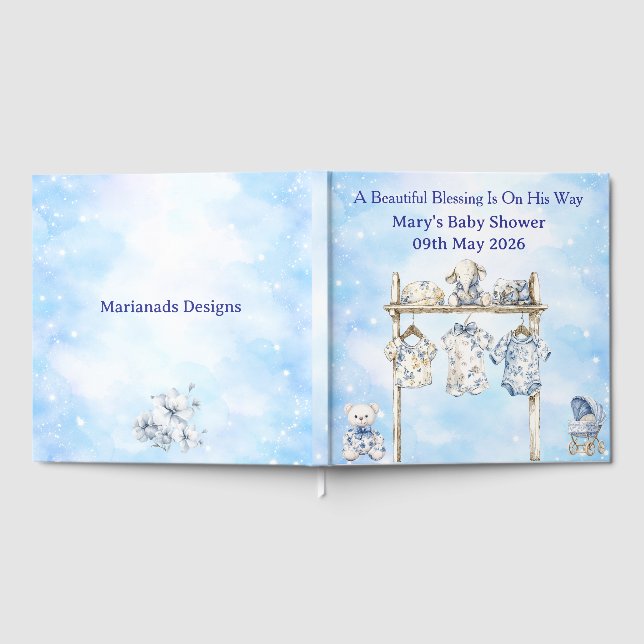 Gästebuch - Editierbare blaue Chinoiserie-Baby-Par (Voll)