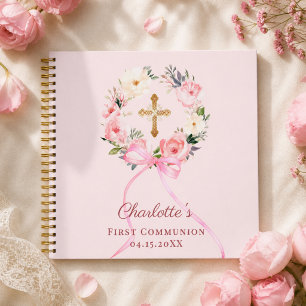 Gästebuch Erstkommunion blassrosa Schleife Blumen Notizbuch