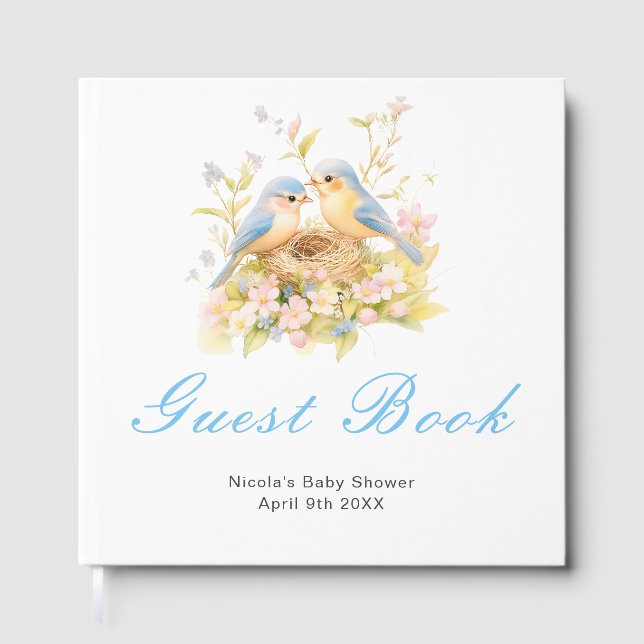 Gästebuch für Baby Shower mit Frühlingsvögeln (Vorderseite)