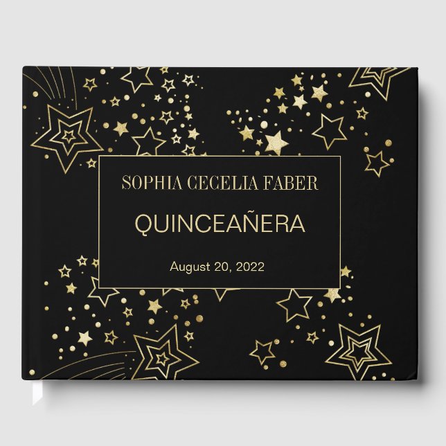 Gästebuch für Schwarz und Gold Quinceanera (Vorderseite)