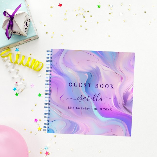 Gästebuch Geburtstag pink lila blau holografisch Notizbuch (Von Creator hochgeladen)