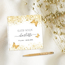 Gästebuch Geburtstag Weißgold Schmetterlinge Glitz Notizbuch