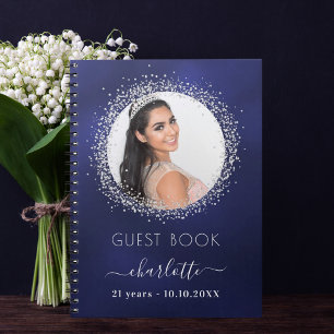 Gästebuch Geburtstagsnavy Silber Glitzer Foto Notizblock