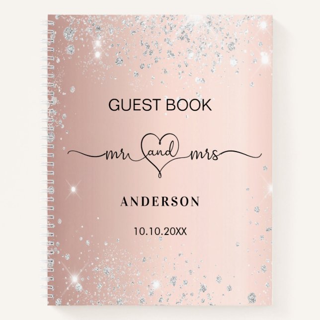 Gästebuch Hochzeit Rose Gold Silber Glitzer Herz Notizbuch (Vorderseite)