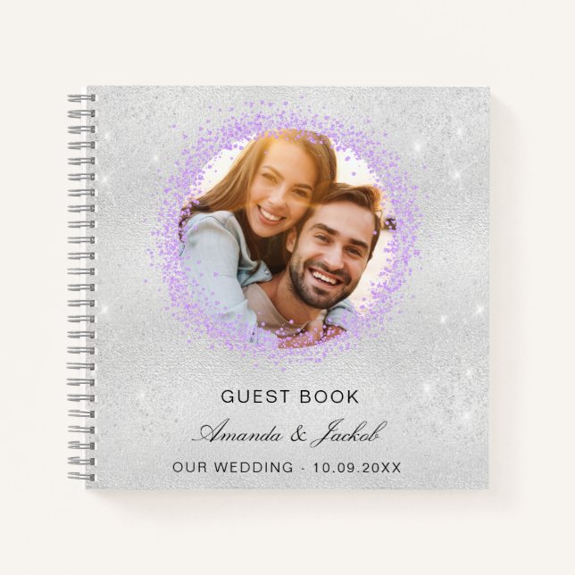 Gästebuch Hochzeit silber violett Glitzer Foto Notizbuch (Vorderseite)