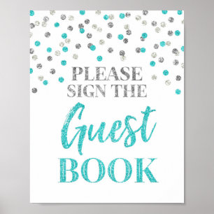 Gästebuch Hochzeitsschild Silber Blau Konfetti