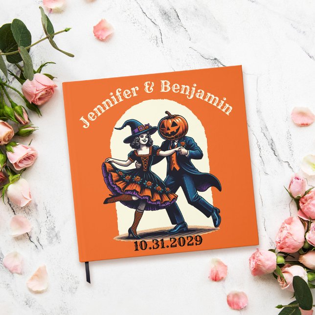Gästebuch mit Jack-o'-lantern & Hexe (Orange halloween wedding guest book with couple of witch and jack'o'lantern)