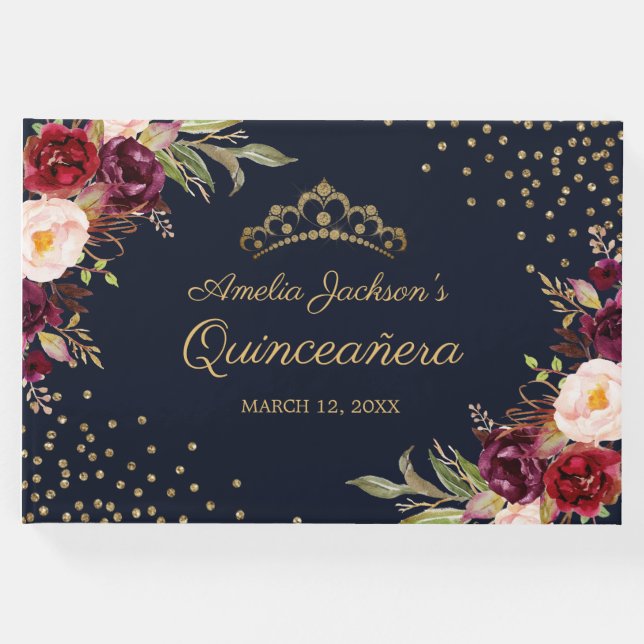 Gästebuch Navy Burgundy Floral Quinceanera (Vorderseite)