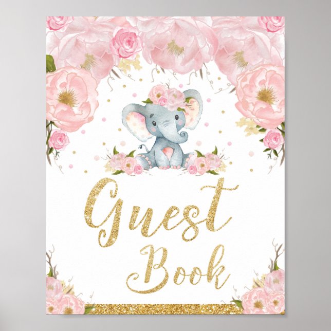 Gästebuch Pink Floral Elephant Baby Dusche Schild (Vorne)