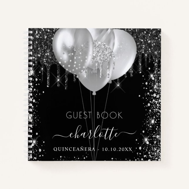 Gästebuch Quinceanera Black silber Glitzer Name Notizbuch (Vorderseite)