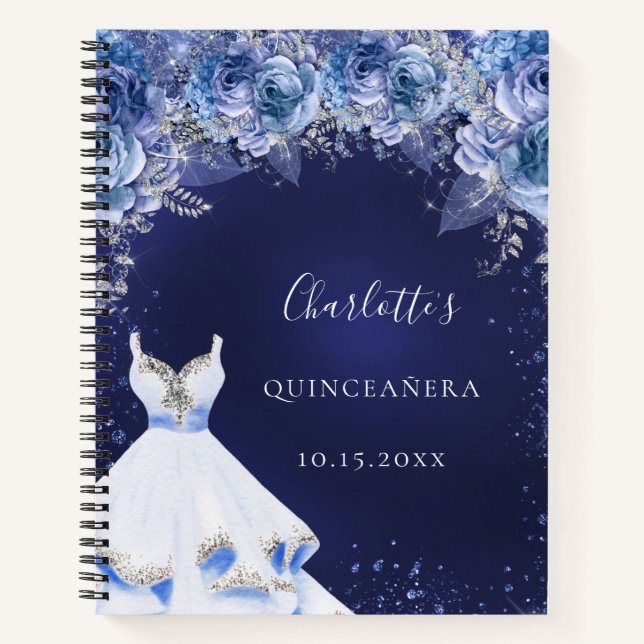 Gästebuch Quinceanera blauer Glitzer Kleid floral Notizbuch (Vorderseite)