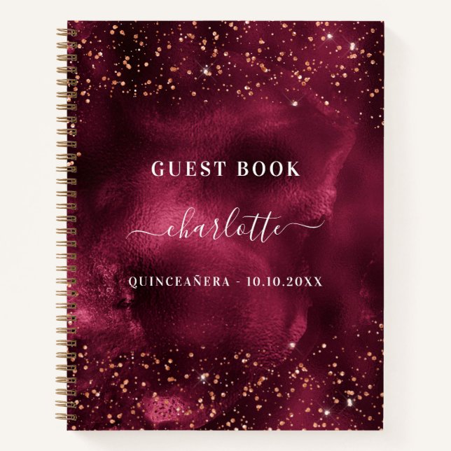 Gästebuch Quinceanera burgundy Rose Gold Glitzer Notizbuch (Vorderseite)