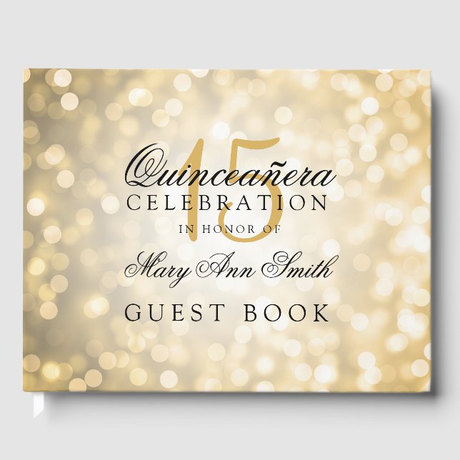 Gästebuch Quinceanera Gold Bokeh Lights (Vorderseite)