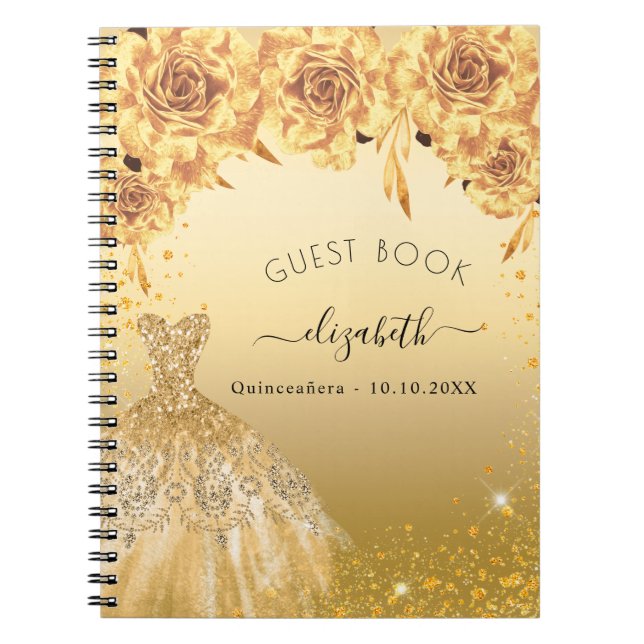 Gästebuch Quinceanera Gold Glitzer Kleid Notizblock (Vorderseite)