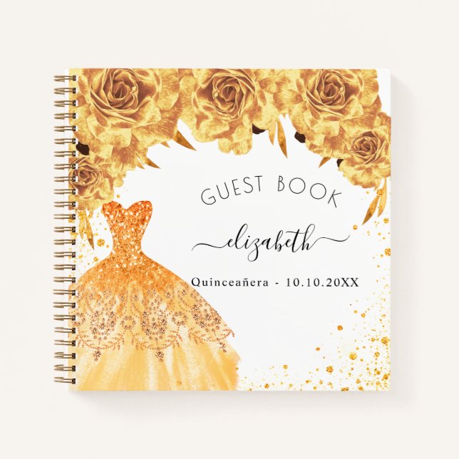 Gästebuch Quinceanera Gold Glitzer Kleid Notizbuch (Vorderseite)