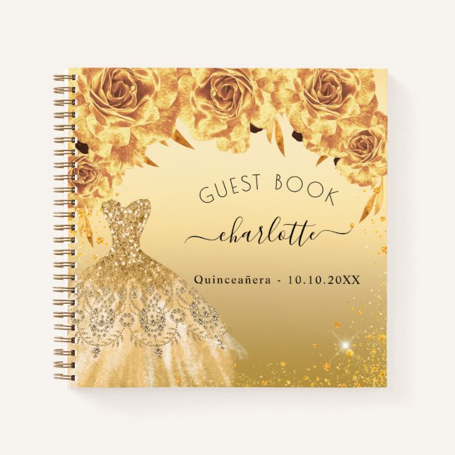 Gästebuch Quinceanera Gold Glitzer Kleid Notizbuch (Vorderseite)
