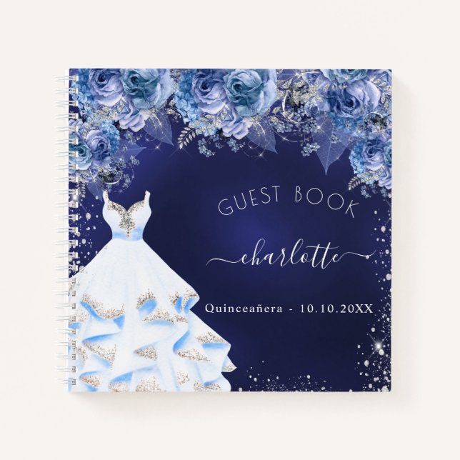 Gästebuch Quinceanera Marineblau Blumenbekleidung Notizbuch (Vorderseite)