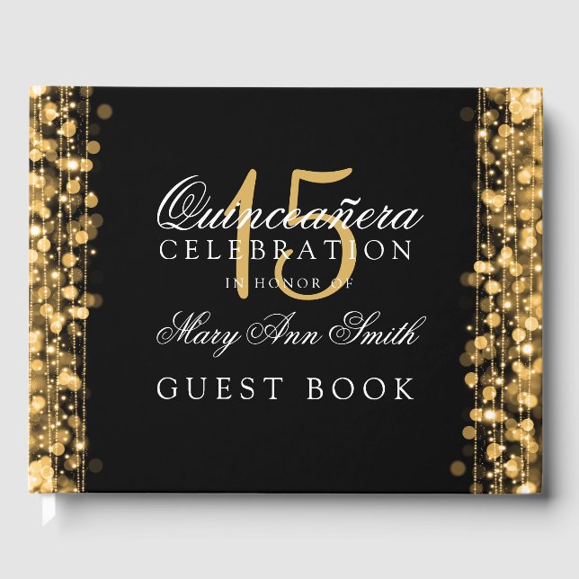Gästebuch Quinceanera Party Glitzern Gold (Vorderseite)