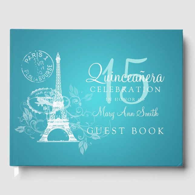 Gästebuch Quinceanera Party Paris Turquoise (Vorderseite)