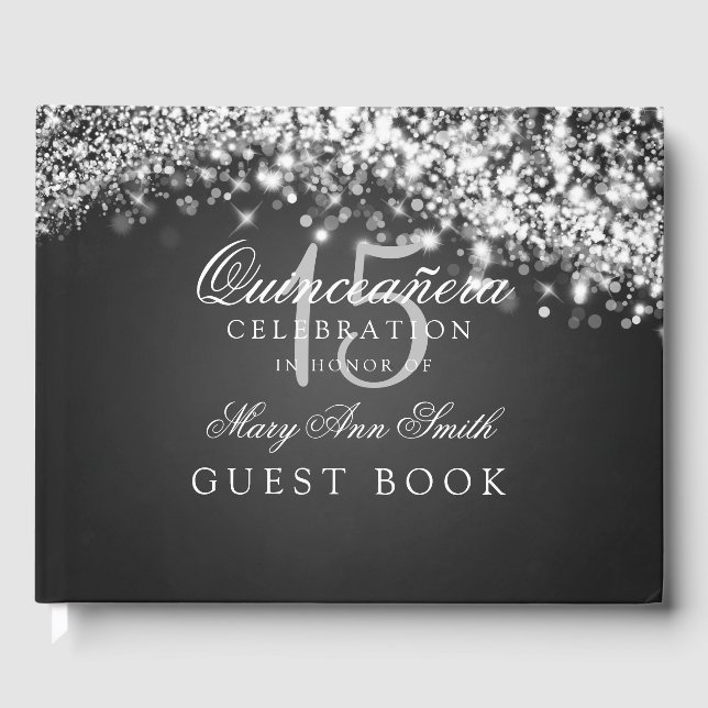 Gästebuch Quinceanera Party Sparkling Wave Black (Vorderseite)