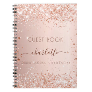 Gästebuch Quinceanera Rose Gold Schwarze Glitzern Notizblock