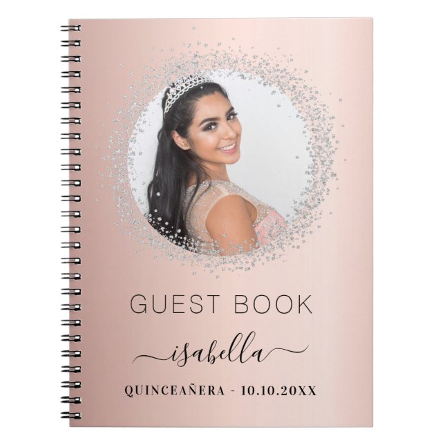 Gästebuch Quinceanera Rose Gold Silber Foto Notizblock (Vorderseite)